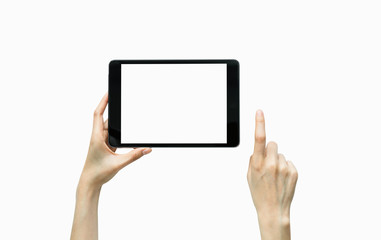 Close-up of hand holding black tablet isolated on white background.