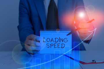 Word writing text Loading Speed. Business photo showcasing time takes to download and display the content of a web page