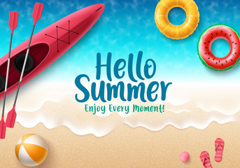 Hello summer vector banner design. Hello summer text with colorful beach elements like beach ball, flipflop, floaters and kayak in seaside background for holiday seasonal purposes. Vector illustration