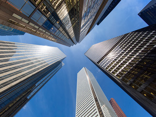 Obraz na płótnie Canvas Scenic Toronto financial district skyline in the city downtown near Bay and King intersection, Stock Exchange and banking plaza