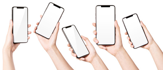 A set, group of Woman hand hold a smart phone isolated on white. - obrazy, fototapety, plakaty