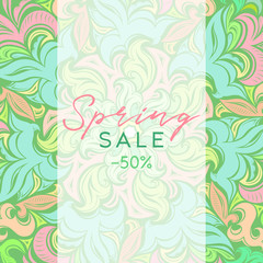 Fototapeta na wymiar Spring sale, background with floral decorative ornament, stylized plants in delicate colors. Template for card, advertising, cover, sale, ad, brochure, banner, booklet, flyer, gift coupon, certificate