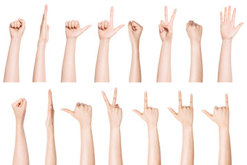 set, group of hand gesture(number, fist, direction, etc) isolated on white