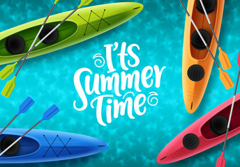 It's summer time vector banner design. Beach elements like colorful floating kayak boat and summer time text in blue space top view background for holiday season. Vector illustration. - obrazy, fototapety, plakaty