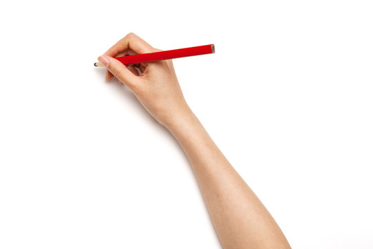Woman hand hold a red pencil isolated on white.