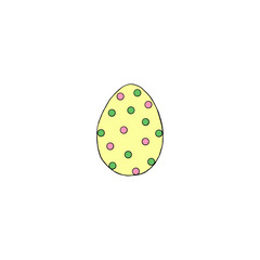 Hand drawn Easter egg isolated on white background. Pattern of dots and lines, green pink yellow. Hello spring. Design element