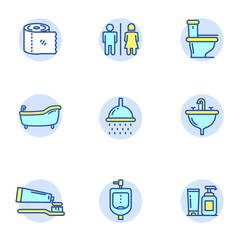 Set of toilet related icons in linear color style. Toilet related vector illustration in colorful design isolated on white background 