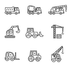 Set of heavy equipment icons in black line design. Heavy equipment vector illustration in black line design isolated on white background 