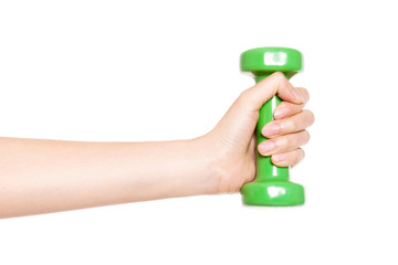 Woman hand hold a dumbell isolated on white.