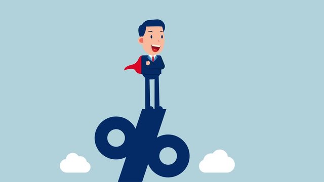 Super businessman standing on percentage sign. Business cartoon video