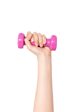 Woman hand hold a dumbell isolated on white.