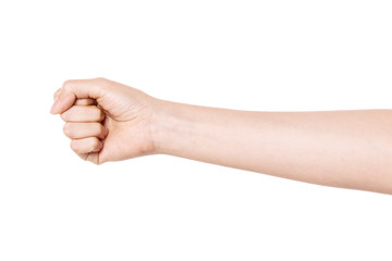 woman hand gesture (power, fist, attack) isolated on white.