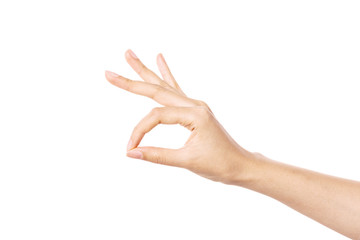 woman hand gesture (pick, pull up, rabbit) isolated on white.