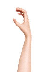 woman hand gesture (hold) isolated on white.