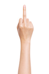 woman hand gesture (fuck you) isolated on white.