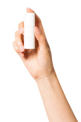 woman hand hold a cosmetic mock-up container isolated on white.
