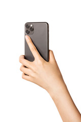 Woman hand hold a smartphone, camera side isolated on white.