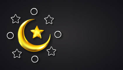 Ramadan Kareem Background with realistic crescent moon, star, and ring with golden silver color. Perfect for banner, greeting.