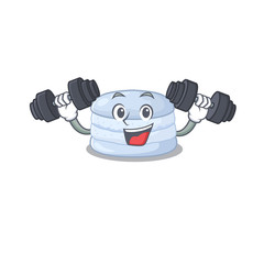Sporty Fitness exercise blueberry macaron mascot design using barbells