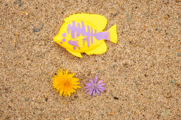 toy yellow fish with a purple broken line on the side of the background sand beach below are two flowers of yellow and lilac