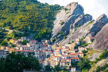 Panoramic view of Castelmezzano, tipical italian little village on appenini mountains, province of Potenza, in the Southern Italian region of Basilicata