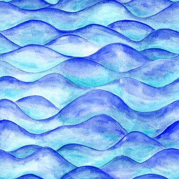 Hand drawn blue watercolor sea waves seamless pattern. Abstract endless background. Wallpaper.