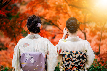 Obraz premium Young women wearing traditional Japanese Kimono with colorful maple trees in autumn is famous in autumn color leaves and cherry blossom in spring, Kyoto, Japan.