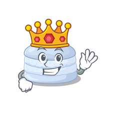 A cartoon mascot design of blueberry macaron performed as a King on the stage