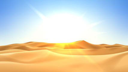 Fototapeta na wymiar Realistic desert landscape with sunshine. Beautiful view on realistic sand dunes with sunset. 3d vector illustration of sandy desert.