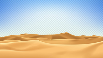 Realistic desert landscape isolated on checkered background. Beautiful view on realistic sand dunes. 3d vector illustration of sandy desert. - obrazy, fototapety, plakaty