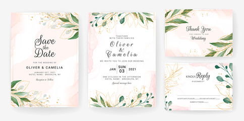 Wedding invitation card template set with watercolor floral arrangements and border. Flowers decoration for save the date, greeting, rsvp, thank you, poster, cover, etc. Botanic illustration vector