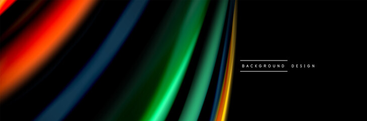 Silk and smooth flow wave poster design. Color waves, liquid style lines and shapes in black color background