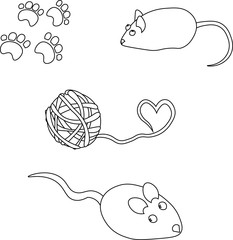 Cat toy set: mice and balls. Design for pet shop, veterinary clinic and shelter.