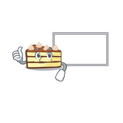 Thumbs up of chocolate slice cake cartoon design having a board