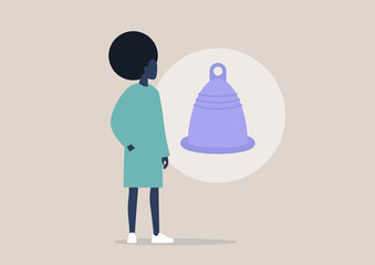 Menstrual cup, period, young black female character, flat vector illustration