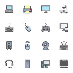 Electronic gadgets filled outline icons set, line vector symbol collection, Computer technology linear colorful pictogram pack. Signs, logo illustration, Set includes icons as laptop, desktop computer