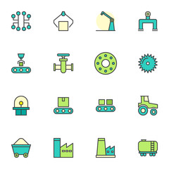 Factory industry filled outline icons set, line vector symbol collection, linear colorful pictogram pack. Signs, logo illustration, Set includes icons as robotic hand, conveyor belt, factory building