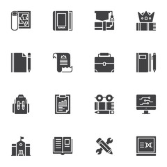 Education vector icons set, modern solid symbol collection, filled style pictogram pack. Signs, logo illustration. Set includes icons as graduation hat, school building, book, pen, diploma, blueprint