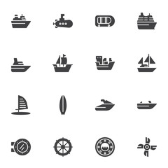 Nautical transport vector icons set, modern solid symbol collection, filled style pictogram pack. Signs, logo illustration. Set includes icons as cargo ship, submarine, sailboat, boat, cruise ship