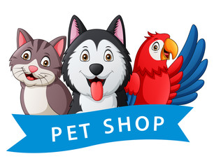Pets shop logo with dog, cat and parrot. Vector illustration