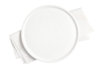 Empty ceramic tray and napkin isolated on white background
