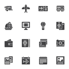 Travel, vacations vector icons set, modern solid symbol collection, filled style pictogram pack. Signs, logo illustration. Set includes icons as pass ticket, travel documents, passport, online booking