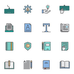 Copywriting filled outline icons set, line vector symbol collection, linear colorful pictogram pack. Signs, logo illustration, Set includes icons as computer keyboard, laptop computer, book, notebook