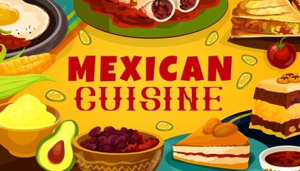 Mexican cuisine food, Latin America traditional dishes, restaurant menu and cooking recipe book cover. Vector Mexican spicy bean soup, cinnamon cookies and capiotada pudding with beef tortillas