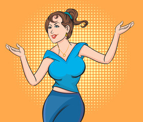  Happy smiling young women, She stood, poses comfortably, raised both hands. Pop art retro illustration comic Style Vector, Separate images of people from the background.