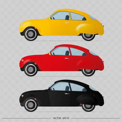 Vector set of cars in the old style. Realistic cars in different colors isolated on a transparent background. Stock illustration.