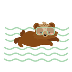 Vector flat cartoon cute kawaii brown bear in summer vacation. Swimming in waves. Mask for diving