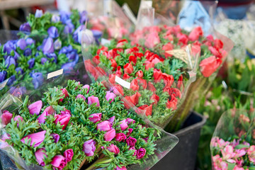 Bunches of different colorful flowers in buckets on street flower market in Anemone, poppy