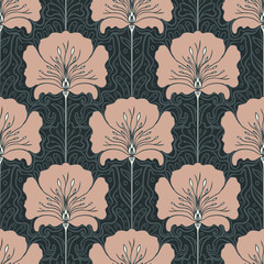 Vintage seamless pattern with pink flowers. Art nouveau style. Vector illustration. Vintage Fabric, textile, wrapping paper, textiles, wallpaper. Retro hand drawn. © vgorbash