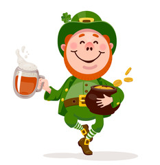 leprechaun dancing with a beer and a pot of gold coins on a white background
